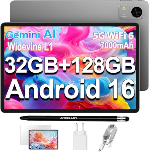 TECLAST M50T Android 16 Tablet 10.1 Pollici Gemini AI, 2GHz Octa-Core, 32GB RAM+128GB ROM+5TB TF, 7000mAh, 2.4G+5G WiFi, GMS Widevine L1, Bluetooth 5.4, 13MP, Face ID/3.5MM/OTG, 2026 Tablets con Penna