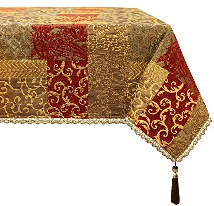 TOPLUXE Tischdecke mit Quasten, Tischtuch Wasserabweisend für Esstisch Urlaub Party Wohnzimmer Dekoration (140x240cm, Goldrot)