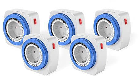 Garza - Pack 5 Temporizadores analógicos Mini de Interior, Conmutación Cada 15 Minutos, Protección Infantil, Blanco y Azul