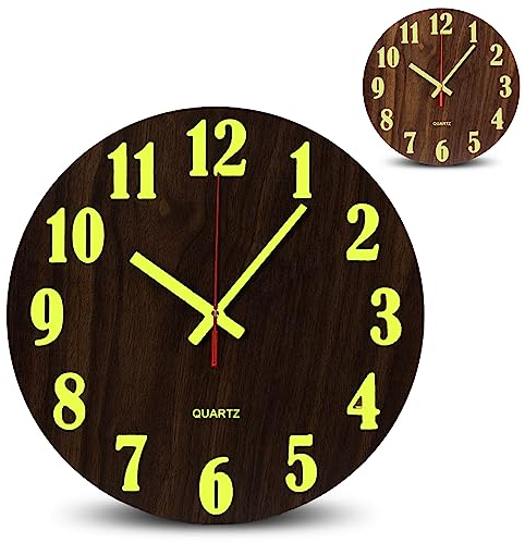 Fishtec Horloge Murale Lumineuse en Bois - Pendule Phosphorescente - Grands Chiffres + Aiguilles Fluorescents - Silencieuse, sans tic tac - pour Cuisine, Bureau, Salon, Chambre - Ø 25 cm