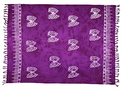Pareo Sarong Strandtuch Damen - Wickelrock Strand - Handtuch blickdicht als Wickeltuch oder Handtuchkleid und Wickelkleid damen - Handarbeit aus Fair Trade Herstellung Batik Schmetterling Lila