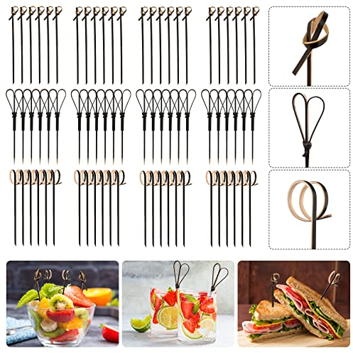 Bekecidi 300 PCS Bamboo Cocktail Sticks, 12 cm Bamboo Toothpicks Food Picks Fruit Sticks Japaneses Style Bamboo Knotted Skewers Cocktail Sticks for Drinks Canapes Food Party Supplies (Black)