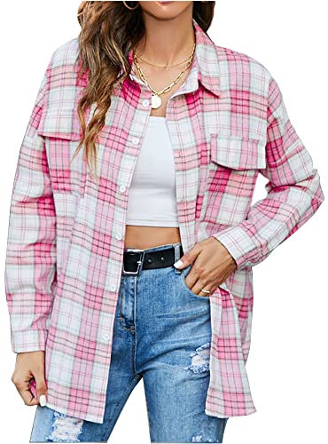 Chickwin Women's Long Sleeve Shirts Flannel Checked Button up Plaid Blouse Casual Oversize Loose Boyfriend Lumberjack Shirt Jacket Lapel Tops with Pockets Pink