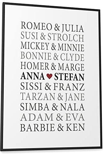 Papierschmiede® Paar Poster Personalisiert mit Namen, DIN A2 (42x59,4 cm) Rahmen wählbar, Hochzeitsgeschenk gerahmt, Namen, Geschenk Bild zum Jahrestag Wandbild zur Hochzeit „Romeo & Julia“