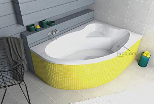 ECOLAM Baignoire d'angle Comfort acrylique blanc 140x90 cm droite + revêtement polystyrène + bonde vidange et trop-plein automatique, pieds, silicone