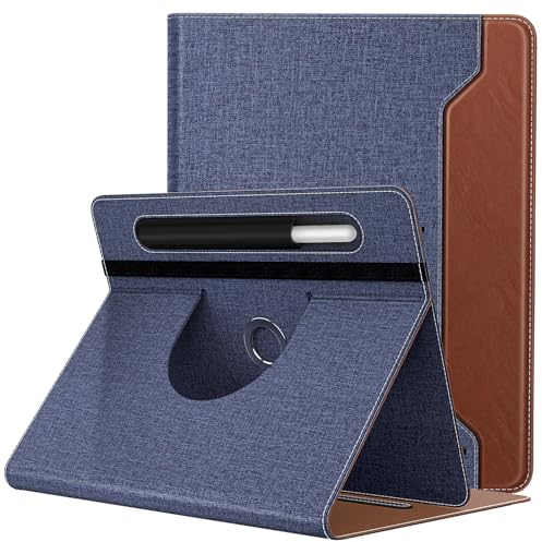TiMOVO Universal Hülle für 9-11 inch Tablet, 360 Grad drehbarer Ständer Schutzhülle mit Stifttasche für 9 10 10.1 Inch Android Touchscreen Tablet, Denim Blau & Braun