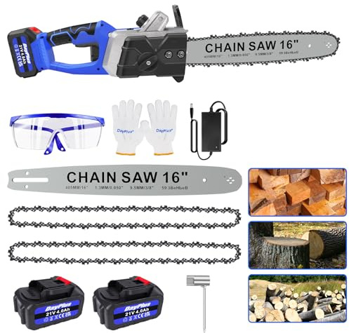 16 Inch Cordless Electric Chainsaw with 2 * 4.0Ah Batteries and 2 Chains, 1200W Powerful Electric Chain Saw for Garden Trees Pruning Wood Cutting Sawing, Auto Chain Lubrication, 13m/s Chain Speed