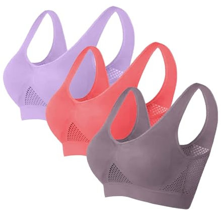 Generisch 3er Pack BH Damen ohne Bügel Push Up Sport BH Set Weich Atmungsaktiver Bequem BHS Set Yoga Gym Outdoor Fitness, Violett, M