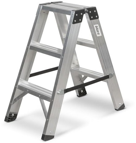 blizz-z Aluminium Stufenleiter, 3 Stufen, klappbar, beidseitig begehbar, Tragkraft 150 kg, Stufen genietet (3 Sprossen)