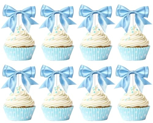 Kreatwow Blaue Schleife, Geburtstagsparty-Dekorationen, Schleife, Cupcake-Topper, 25 Stück, Schleife, Kuchendekoration, blaue Kokette, Geburtstagsdekoration, für Babyparty, Brautparty,