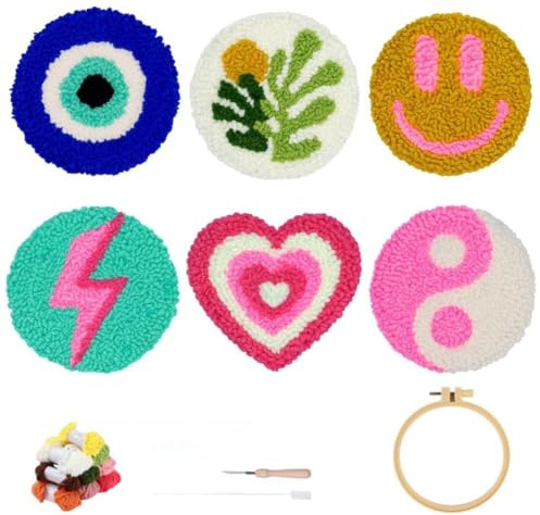 YEESAM ART Punch Needle Kit with Evil Eye Flowers Yin Yang Set of 6 Patterns, Full Set DIY Punch Needle Tufting Coaster Yarn Rug Embroidery Set with Hoop Tool, Easy Craft for Adults Beginners