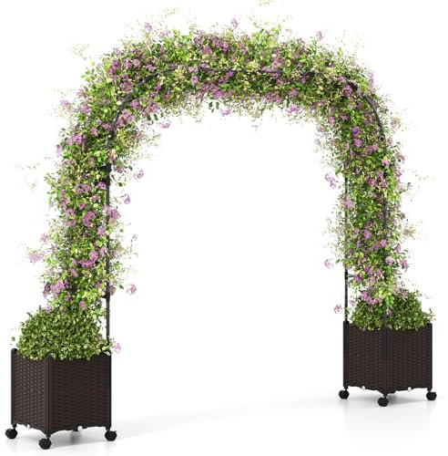 COSTWAY Arco de Jardín de 202 cm con 2 Cajas de Plantas, Pérgola Exterior para Plantas Trepadoras con Sistema de Autoriego, Agujeros de Drenaje y Ruedas Bloqueables, Pérgola Decorativa Metálica