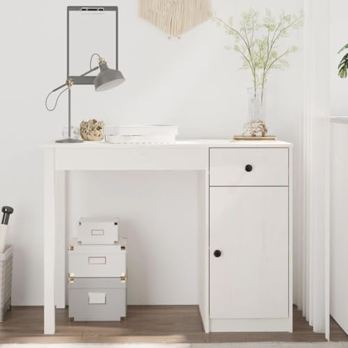 KTHLBRH Schreibtisch aus massivem Kiefernholz, Weiß, Kiefer massiv, mit Schublade und Schrank, für Büro oder Arbeitszimmer, 100 x 50 x 75 cm