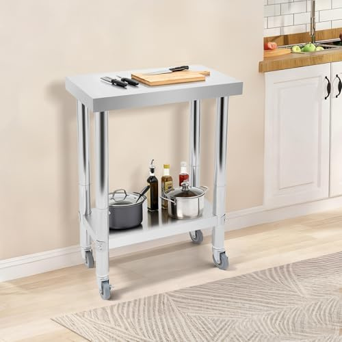 MEHOOSPVN Edelstahltisch 60 x 45 x 85 cm Küchentisch mit Tragkraft 300kg, mit 4 Rollen, 2 Etagen Robuster Vorbereitungstisch für die Lebensmittelzubereitung, Hotels, Büros, Krankenhäusern, Silber