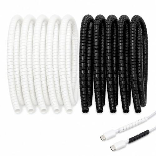 YAPKOLV 10 Pezzi Proteggi Cavo a Spirale 1,4 m, Guaina Protettiva TPU Nero Bianco, Protezione Cavo Caricatore da Pieghe e Usura, Anti-Morso per Gatti Cani, USB, Telefono, PC