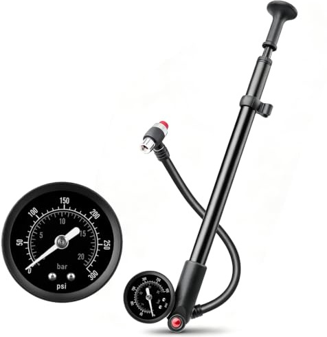 Dämpferpumpe Fahrrad, Federgabelpumpe mit Manometer für MTB & Rennrad | Hochdruck bis 300/400 PSI, auslaufsicher aus Alu/ABS, tragbare dämpferpumpe für Stoßdämpfer und Reifen