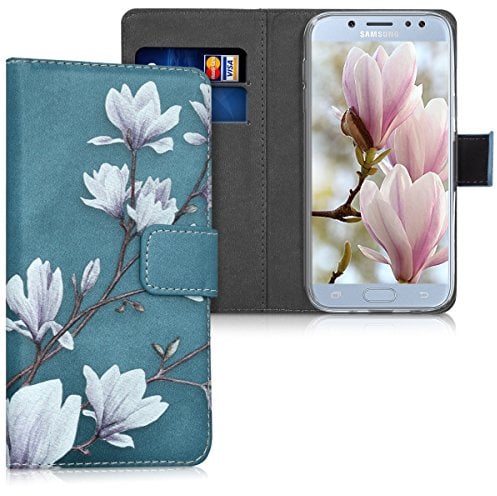kwmobile Wallet Case Compatible with Samsung Galaxy J5 (2017) DUOS Case for Phone - Magnolias Taupe/White/Blue Grey