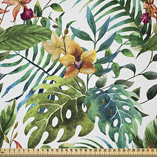 ABAKUHAUS Blatt Stoff als Meterware, Palme Blumen Hibiscus, Microfaser Stoff für Dekoratives Basteln, 1M (230x100cm), Blasser Karamell Bordeauxrot und Grün