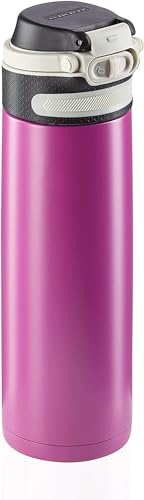 Leifheit Thermobecher Flip 600ml, Kaffeebecher 100% dicht, praktisches Öffnen mit einer Hand, Trinkbecher to go mit Filter für Wasser mit Obststücken, hält Getränke bis zu 6 Stunden heiß, lila