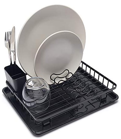 simplywire – Compact Dish Drainer – Plate Drying Rack with Drip Tray & Cutlery Basket – Small - Black Powder Coated Steel