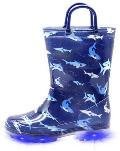 EUXTERPA Stivali di gomma per bambini e bambine lampeggianti, con glitter, impermeabili, con manico facile da indossare, taglia 36-44, Squalo Navy, 33 EU