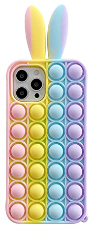Pop Bubble Fidget Toys Handyhülle für iPhone 12 Pro Hülle, Pop Fidget Sensory Toy Regenbogen Silikon TPU Schutzhülle, Süß Hasenohren Weich Silikon Stoßfest Handyhülle für Mädchen Frauen