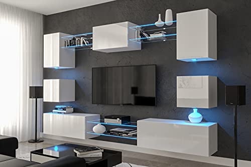 Furnitech NOWARA AN1 New Mediawand Wandschrank mit Led Beleuchtung Wohnzimmer Wohnwand Möbel Schrankwand (LED weiß, AN1-17W-HG21-1A-NEW)