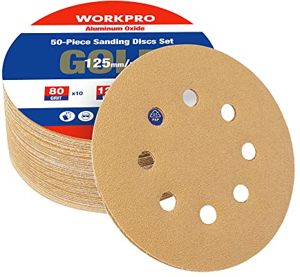 WORKPRO Schleifpapier 125mm Klett, Dreimal Verschleißfestigkeit, Schleifscheiben Exzenterschleifpapier Schleifblätter 50 Stück Rund Klett für Exzenterschleifer, 8 Löcher in Gold, 80/120/240 Körnung