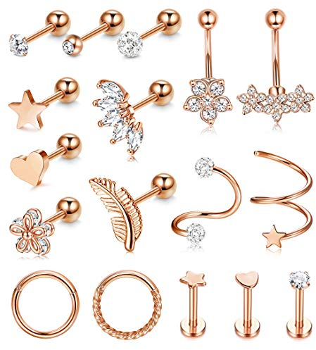 Kakonia 17Pcs Piercing Oreille Cartilage Acier Inoxydable Clicker Anneau Tragus Helix Conch Conque Piercing Nez Lip Zircone Cubique Fleur Boucles d'oreilles Femme