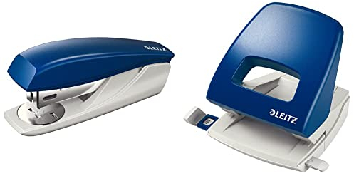 Leitz Kleines Büroheftgerät, Für 25 Blatt, Ergonomische Form, Inkl. Heftklammern, Blau & Büro Locher aus Metall, Für 25 Blatt, Anschlagschiene mit Formatangaben, Ergonomisches Design, blau