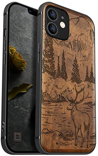 Carveit Handyhülle für iPhone 12 Holz Cover kompatibel MagSafe mit Apple & QI drahtlosen magnetischen Ladegeräten Massivholz Kompatibel mit 12 hulle(Nussbaum-Berge und Hirsche)