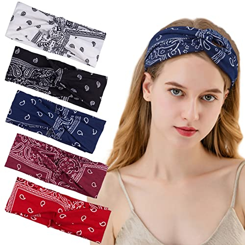 5 Stück Haarbänder Damen, FITDON Boho Stirnband Breite Elastische Knot Stirnbänder Yoga Sport Haarband
