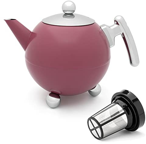 Bredemeijer große doppelwandige Teekanne 1.2 Liter - rosa Edelstahl Kanne & Tee-Filter-Sieb-Aufsatz - ideal für losen Tee