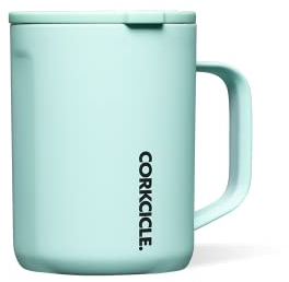 Corkcicle Origins Reise-Kaffeetasse mit Neonlichtern, dreifach isolierter Edelstahlbecher für heiße Getränke, auslaufsicher, wiederverwendbar, BPA-frei, spülmaschinenfest, sonnengetränktes Blaugrün,