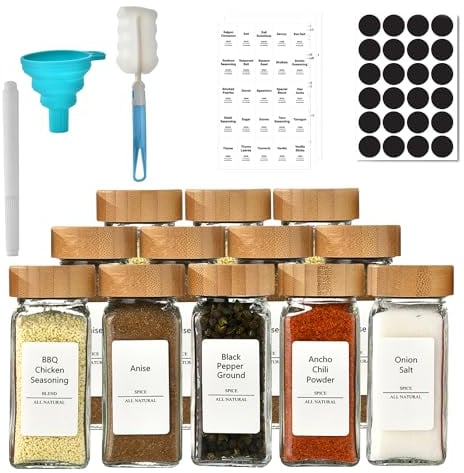 Hniuyun 12 Pcs Glass Jars with Bamboo Lids, 4 oz Square Spice Jars with Shaker Lids, Labels and Silicone Funnel for Spice Rack, Cabinet, Drawer, Spice Containers