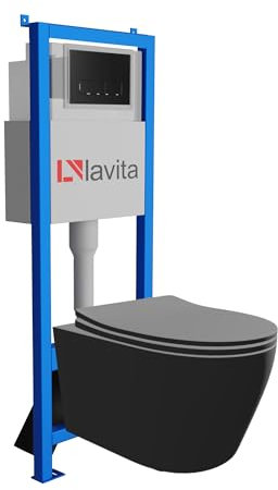 lavita LAV 101 Elemento de Pared para Inodoro 40 cm + Inodoro Lavabo suspendido Praia Negro sin Borde + Panel de Control LAV 200.3.4 Negro | Conjunto Completo | Cisterna empotrada | Juego Comp