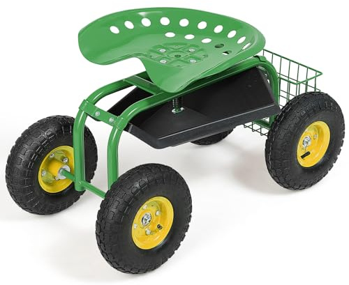 GOPLUS Rollsitz Garten, 360° drehbarer Gartensitz mit Rollen & Stauraum, höhenverstellbar 46-54 cm, bis 130 kg, Gartenwagen Arbeitssitz Gartenhocker für Gartenarbeit (Grün)