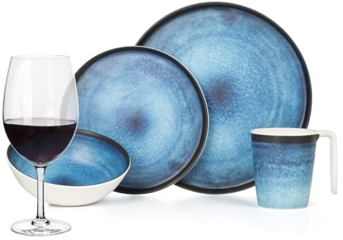 Melamin Camping Geschirr Set 4 Personen Deep Ocean + 4 Tiamo Rotwein Gläser Rot Weingläser Tafelgeschirr Picknick BBQ Kochgeschirr