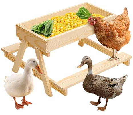Tisch für Hühner, Picknick-Futterstation mit Boden aus Holzgeflecht – Struktur aus Holz mit Netzboden hält das Futter frisch und trocken, für Bauernhof im Freien, Kaninchenstall, Kleinhof,
