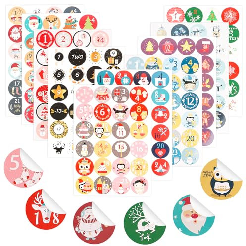 JOFONY Adventskalender Aufkleber Zahlen 1-24, 10 X 24 Weihnachtskalender Nummern Sticker, Weihnachten Zahlenaufkleber für Geschenktüten
