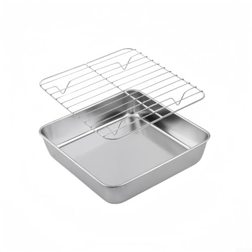 Shophubio Teglia da Forno in Acciaio Inox con Griglia di Raffreddamento - Teglia Quadrata per Arrosto per Forno, BBQ, Torta, Carne, Pollame - Set Multiuso per Cottura e Arrosto in Cucina (20CM)