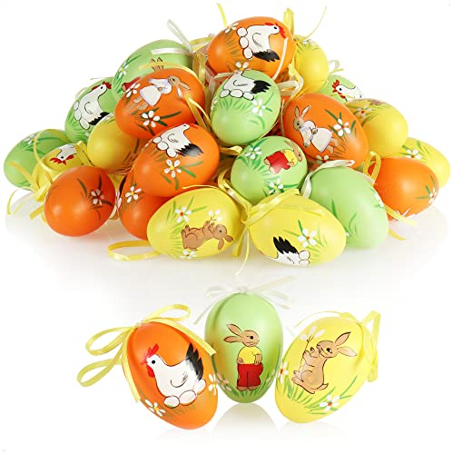 com-four® 36x Ostereier zum Aufhängen 6 cm - Osterdeko mit tollen Motiven - Deko Ostereier - Hängedeko für den Osterstrauß (Hase/Huhn - 02)