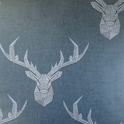 Geometric Stag Glittery Wallpaper in Blue Grey and Beige Smooth Finish