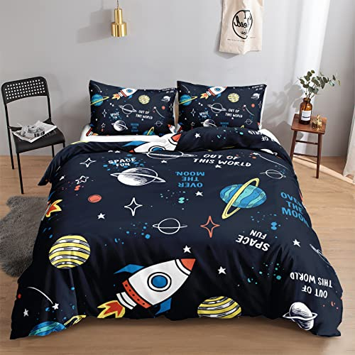 HOSIMA Universum Planet Rakete Bettwäsche 135x200 für Kinder, Jungen Teenager Bettbezug-Set für Einzelbett, Moderne Cartoon Bedruckte Bettbezüge mit Reißverschluss und 80x80cm Kissenbezug