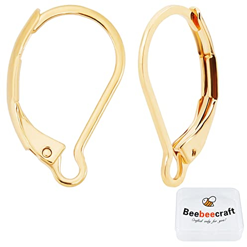 Beebeecraft 1 Scatola 50 Pezzi Risultati Dell'Orecchino A Leva 24K Placcato Oro Chiusura Ganci per Orecchini 16x10mm Connettore Orecchino A Clip per Filo Orecchio per La Creazione di Gioielli