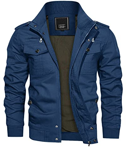 KEFITEVD Blouson d’aviateur, à col montant, convient aux hommes, léger et coupe-vent, pour mi-saison, automne et hiver, en coton, style militaire/bomber/cargo, Bleu denim, M