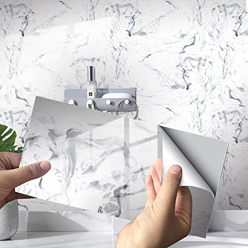 HORIWE Marble Tile Stickers for Bathroom Kitchen Backsplash Waterproof Oil Proof DIY Self Adhesive New PVC Wall Stickers Home Decor 12x6 Inches 16pc (White Marble Pattern 3, 30x15cm(12x6) - 16PCS)