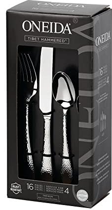 Oneida Tibet Cutlery Set for 4 - Hand Crafted Stainless Steel Cutlery Set with Hammered Finish, Heavy Weight Rust Resistant & Dishwasher Safe Artisan Flatware, Silver