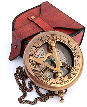 Sonnenuhr-Kompass aus Messing mit Ledergehäuse und Kette – Push-Open-Mechanismus Vintage Steampunk-Zubehör – Taschenkompass in Antik-Optik (antiker Sonnenuhr-Kompass 1)