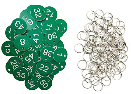 Étiquettes d'identification en plastique avec porte-clés (vert, 1 à 100)